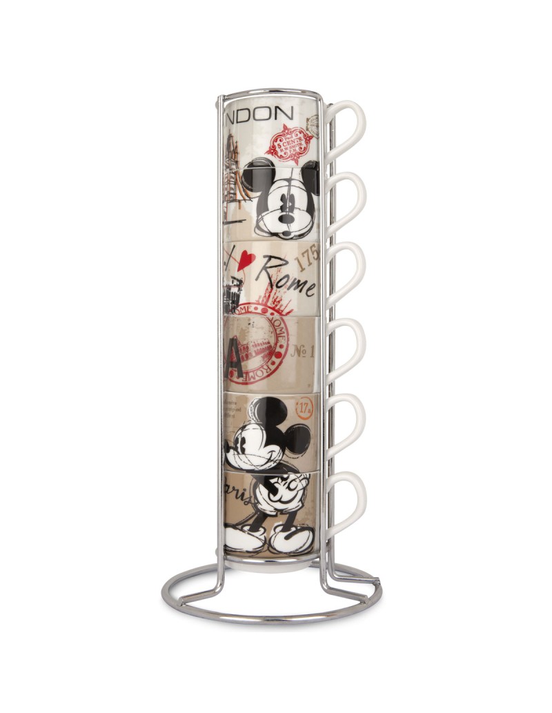 Set 6 tazzine caffè impilabili Disney In The City in porcellana con stand metallo | Egan -EGAN