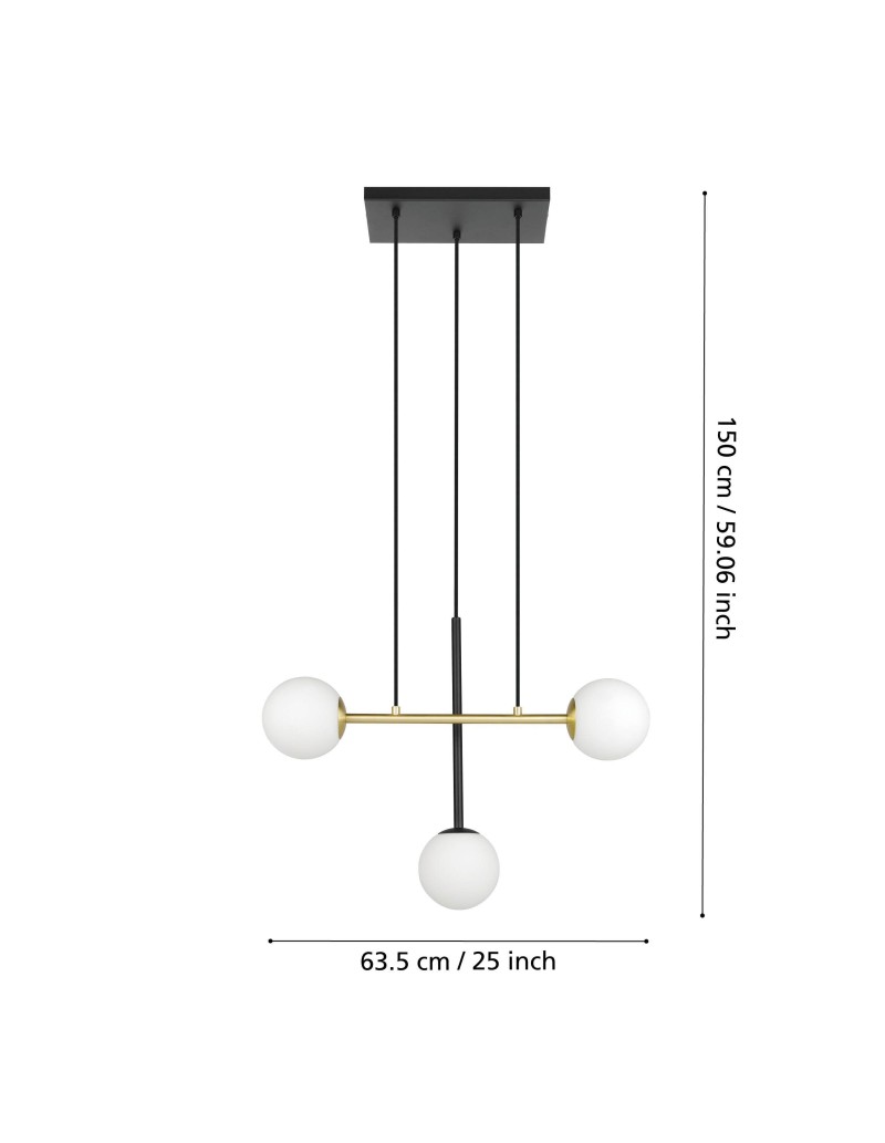 Lampada a sospensione Paz 3 luci acciaio nero e ottone con vetro opale, E14 | Eglo -EGLO