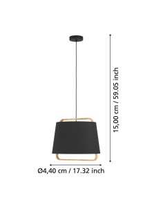 Lampada a sospensione Camaloza Ø 44 cm paralume tessuto nero e legno, E27 | Eglo -EGLO 2