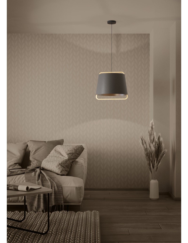 Lampada a sospensione Camaloza Ø 44 cm paralume tessuto nero e legno, E27 | Eglo -EGLO