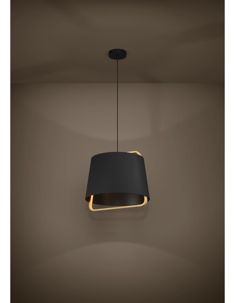 Lampada a sospensione Camaloza Ø 44 cm paralume tessuto nero e legno, E27 | Eglo -EGLO