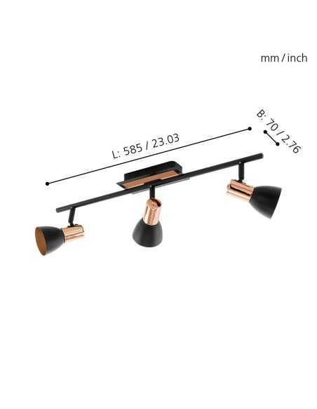 Barra Barnham 58,5 cm con 3 faretti orientabili in acciaio nero e rame, GU10 | Eglo -EGLO