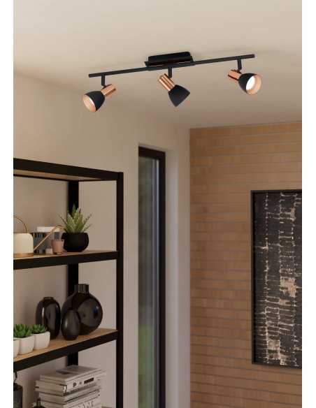 Barra Barnham 58,5 cm con 3 faretti orientabili in acciaio nero e rame, GU10 | Eglo -EGLO