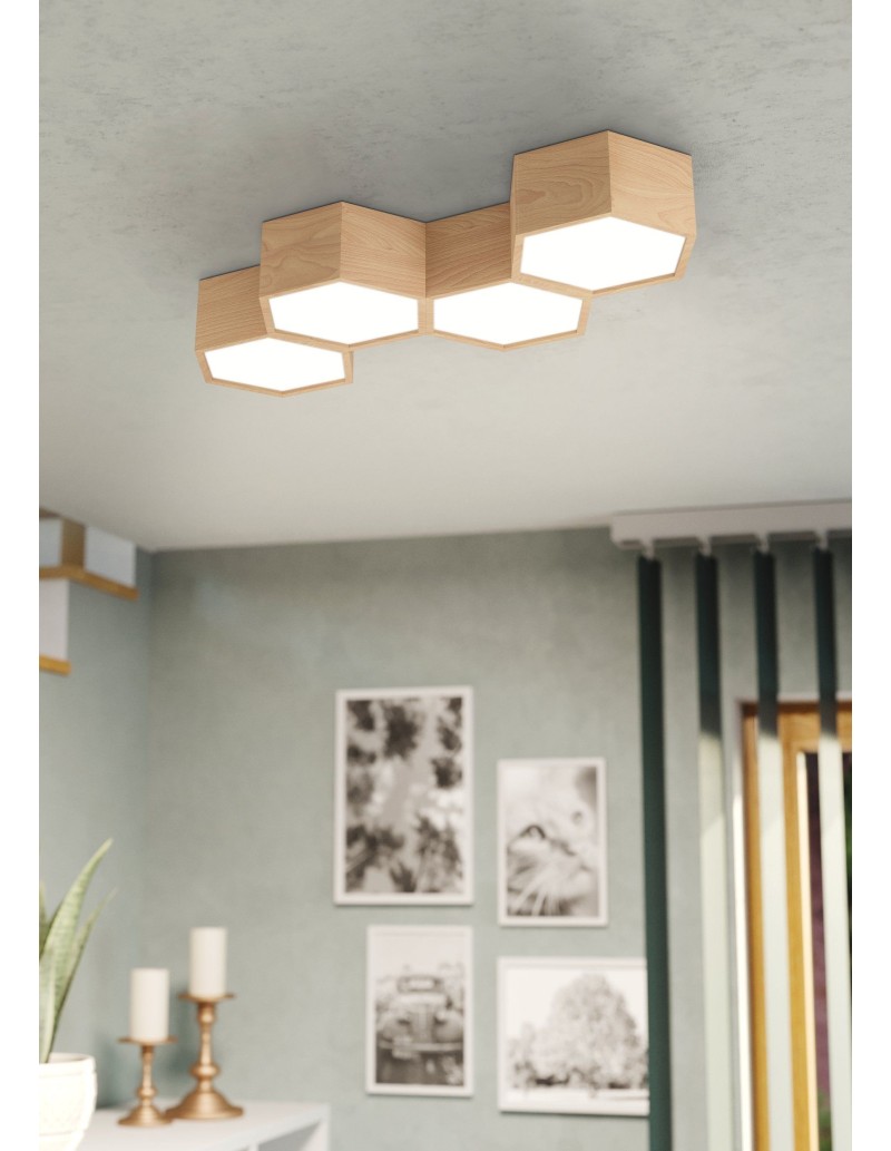 Plafoniera Mirlas a 4 esagoni in legno marrone e metallo, 69 x 27 cm, 4 x E27 | Eglo -EGLO