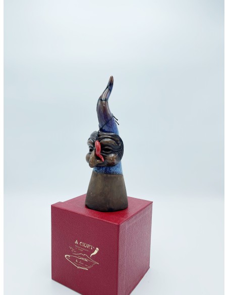 Corno nero bronzo satinato, smalto blu cobalto, Pulcinella e cornetto rosso 22 cm | A Ciort -A CIORT