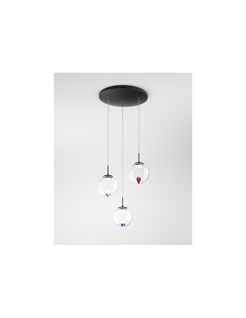Lampada a sospensione LED Ariel 3 pendenti in vetro decò e nero Ø 35, 21 W | Fabas Luce -FABAS LUCE