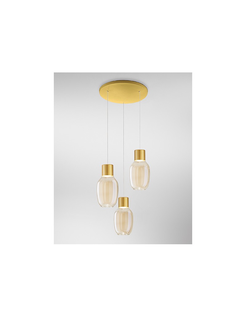 Lampada a sospensione LED Lapo 3 pendenti vetro cognac e oro opaco, 36 W | Fabas Luce -FABAS LUCE