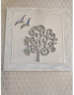 Quadro corallo e gabbiani in ceramica con cornice in legno bianco, 40x40 cm | Brindicci -BRINDICCI