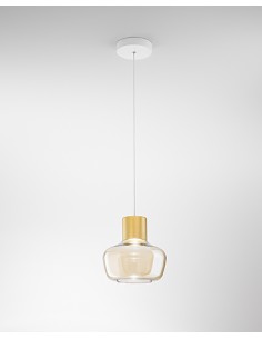 Lampada a sospensione LED Kino Ø 22 oro satinato e vetro cognac, dimmerabile | Fabas Luce -FABAS LUCE