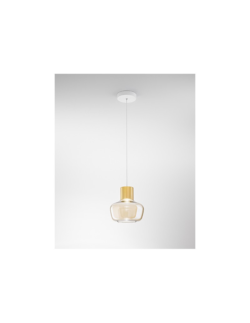 Lampada a sospensione LED Kino Ø 22 oro satinato e vetro cognac, dimmerabile | Fabas Luce -FABAS LUCE