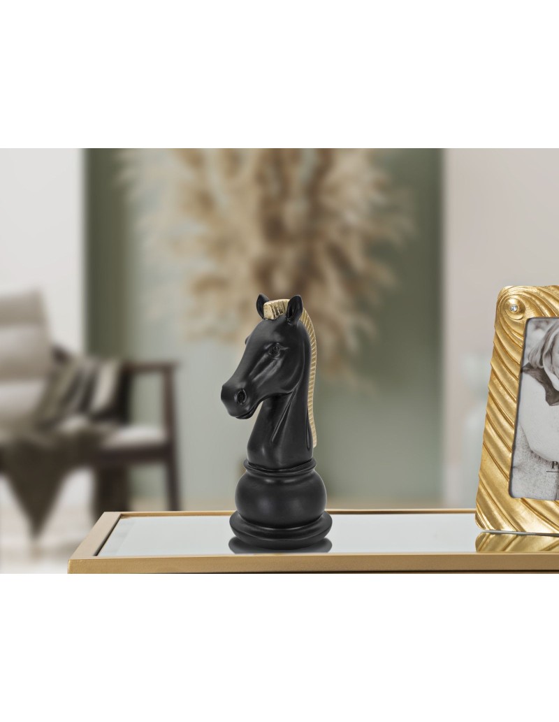 Scultura Cavallo degli scacchi in resina nera e oro, H 19 cm | Mauro Ferretti -MAURO FERRETTI