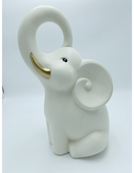 Statua Elefante portafortuna in ceramica avorio opaca con zanne oro, 32 cm | Petite Fantasie -PETITE FANTASIE
