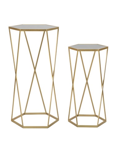 Esagonal tavolinetto glamour moderno due misure in metallo oro opaco e ripiano in vetro fumè -MAURO FERRETTI
