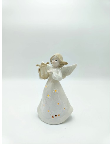 Statuina natalizia Angiletto del natale con arpa in ceramica bianca ed oro -EVVIVA S.r.l.
