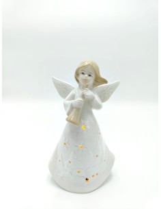 Statuina Angioletto del Natale con flauto in ceramica bianca e oro | Evviva -evviva