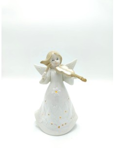 Statuina Angioletto del Natale con violino in ceramica bianca e oro | Evviva -evviva