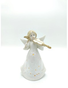 Statuina natalizia Angiletto del natale con violino in ceramica bianca ed oro