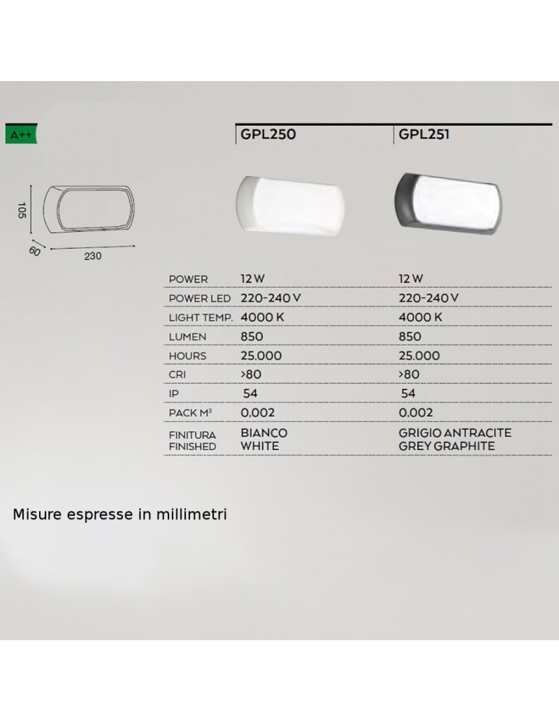 Plafoniera LED da esterno Nut rettangolare 23 cm bianca, 12 W 4000 K, IP54 | Gea Luce -GEA LUCE