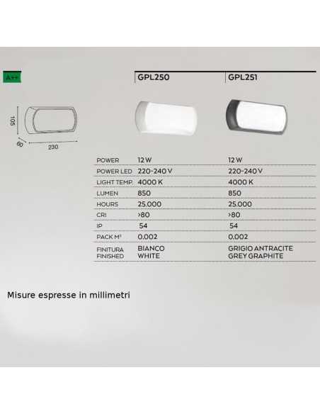 Plafoniera LED da esterno Nut rettangolare 23 cm bianca, 12 W 4000 K, IP54 | Gea Luce -GEA LUCE