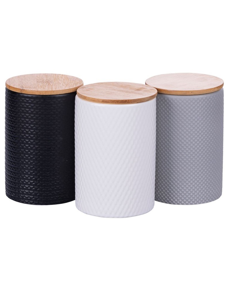 Circle set 3 barattoli in ceramica opaca bianco, grigio e nero, tappo bambù | Villa d'Este -VILLA D' ESTE