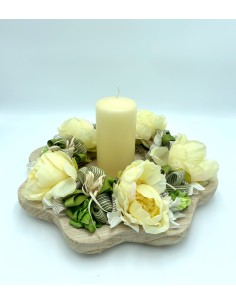 Centrotavola delle feste con composizione floreale e candela su base in legno, Ø 30 cm | Ego -EGO