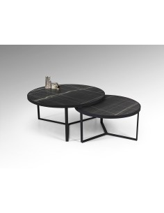 Coppia tavolini Naira Ø 91 e 71 cm in metallo nero con piani MDF effetto marmo | Schuller -SCHULLER