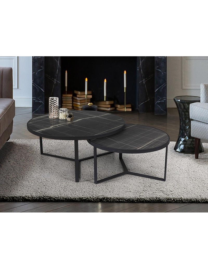 Coppia tavolini Naira Ø 91 e 71 cm in metallo nero con piani MDF effetto marmo | Schuller -SCHULLER