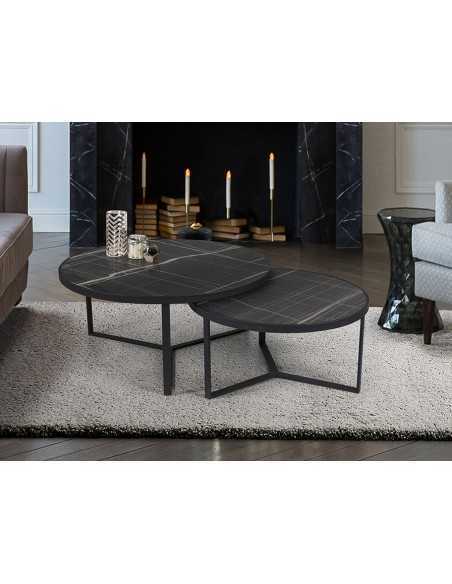 Coppia tavolini Naira Ø 91 e 71 cm in metallo nero con piani MDF effetto marmo | Schuller -SCHULLER