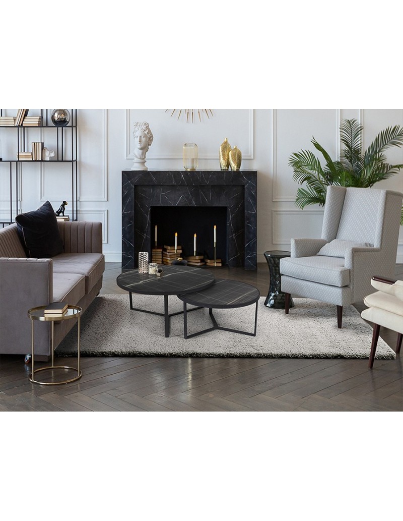 Coppia tavolini Naira Ø 91 e 71 cm in metallo nero con piani MDF effetto marmo | Schuller -SCHULLER