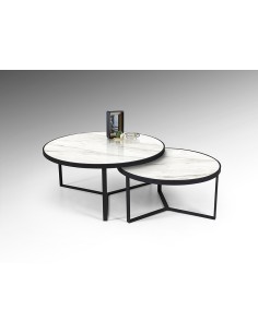 Coppia tavolini Naira Ø 91 e 71 cm in metallo nero, piani MDF marmo bianco lucido | Schuller -SCHULLER