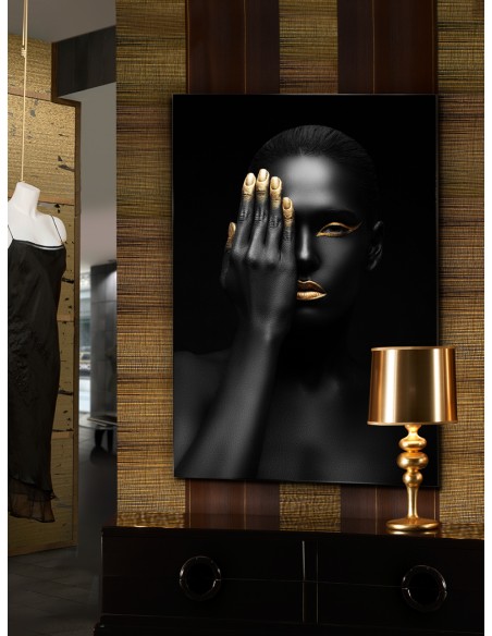 Quadro in vetro 80x120 cm donna in nero con dettagli oro, stampa digitale | Schuller -SCHULLER