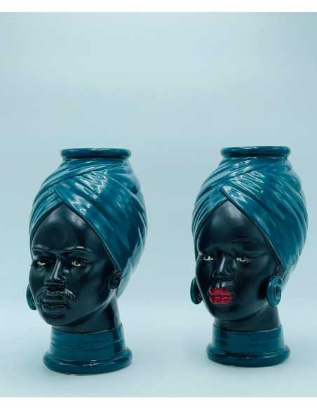 Coppia Teste di Moro vaso in ceramica nera e verde ottanio | Petite Fantasie -PETITE FANTASIE