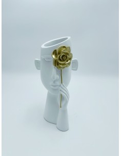 Vaso scultura Volto di donna con fiore in resina bianco e oro | Petite Fantasie -PETITE FANTASIE