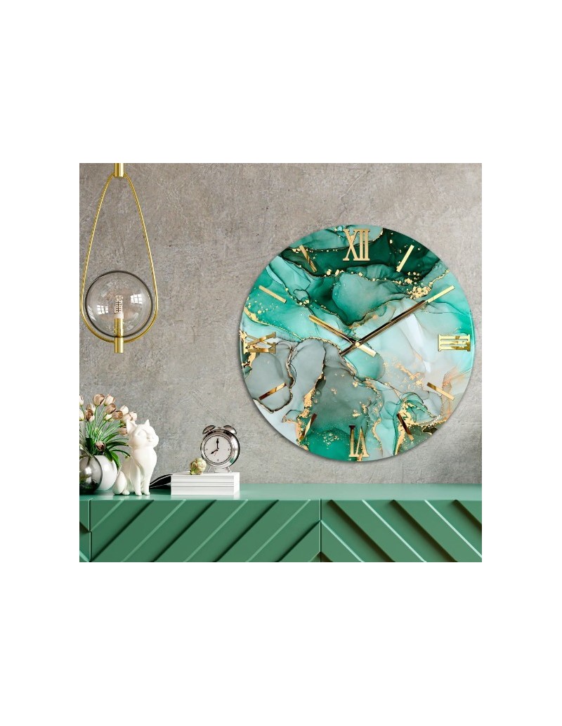 Orologio da parete Petrolio Ø 80 cm effetto marmo verde e oro, numeri oro lucido | Artidea -ARTIDEA
