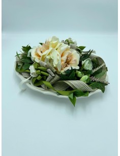 Centrotavola in ceramica con composizione floreale artificiale e nastro, 40x30 cm | Ego -EGO
