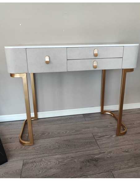 Consolle a 3 cassetti in velluto crema con piano effetto marmo e gambe oro | Mauro Ferretti -MAURO FERRETTI