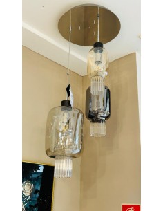 Lampada a sospensione Dolium a 3 ampolle in vetro soffiato e inserti in legno | Cangini & Tucci -CANGINI & TUCCI