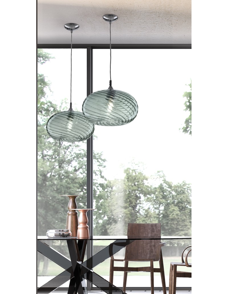 Sospensione Parigi in vetro soffiato rigato verde e cromo, Ø 30 cm | Cangini & Tucci -CANGINI & TUCCI