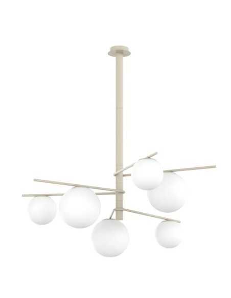 Sospensione Boomerang a 6 luci in metallo sabbia e sfere in vetro bianco, 97 cm | Top Light -TOP LIGHT