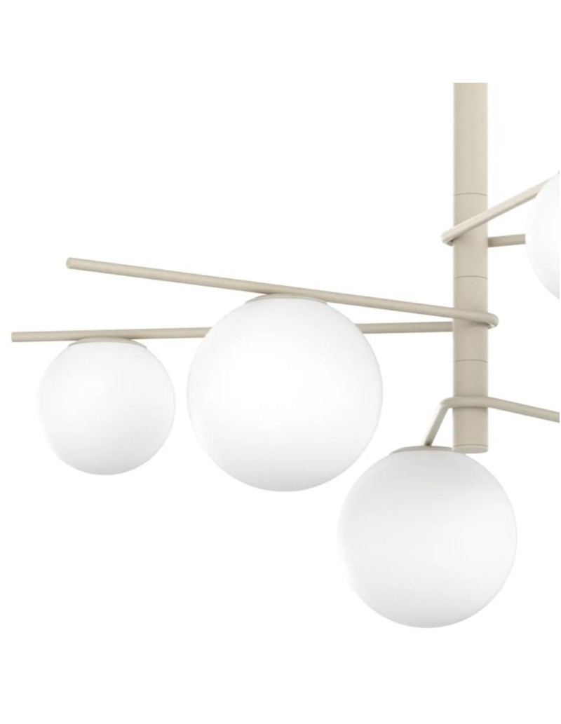 Sospensione Boomerang a 6 luci in metallo sabbia e sfere in vetro bianco, 97 cm | Top Light -TOP LIGHT