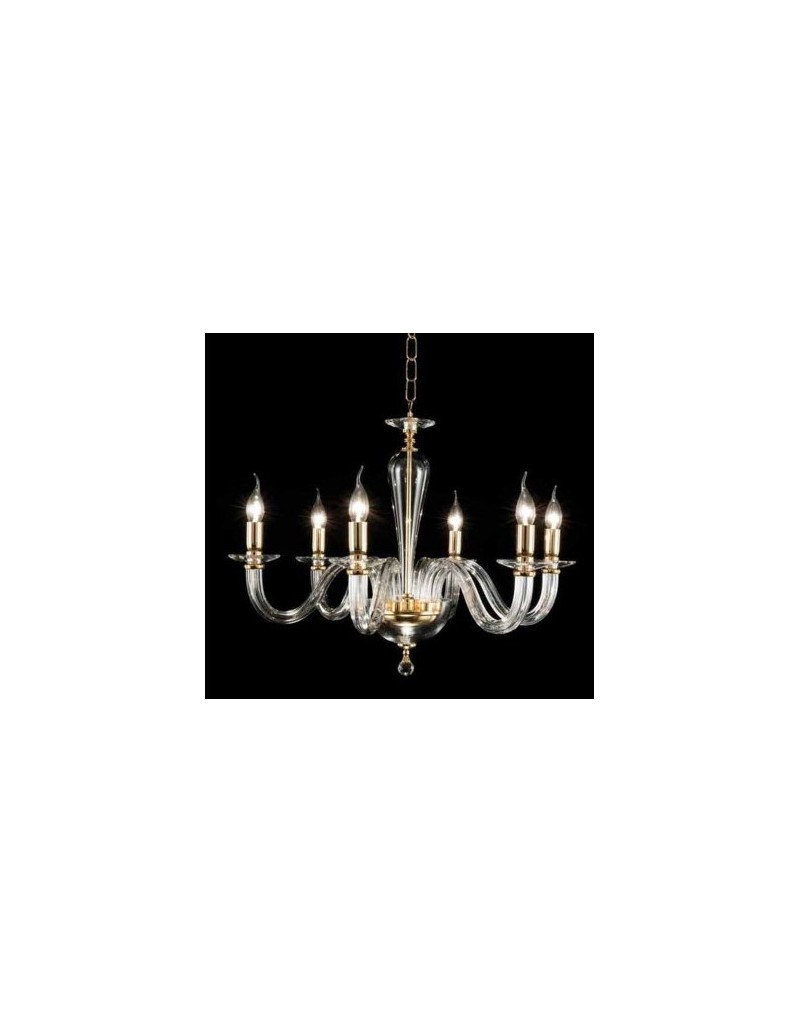 Lampadario classico Ravel 6 luci in cristallo e vetro con montatura oro, E14 | Ondaluce -ONDALUCE
