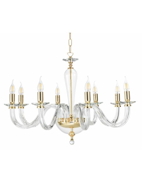 Lampadario classico Ravel 8 luci in cristallo e vetro con montatura oro, E14 | Ondaluce -ONDALUCE