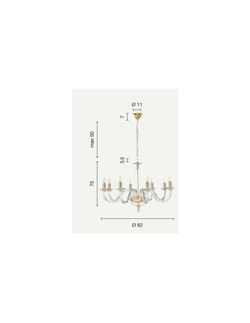Lampadario classico Ravel 8 luci in cristallo e vetro con montatura oro, E14 | Ondaluce -ONDALUCE