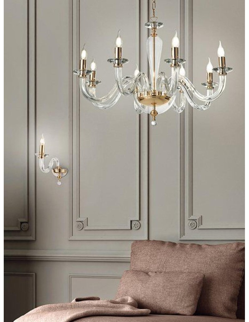 Lampadario classico Ravel 8 luci in cristallo e vetro con montatura oro, E14 | Ondaluce -ONDALUCE