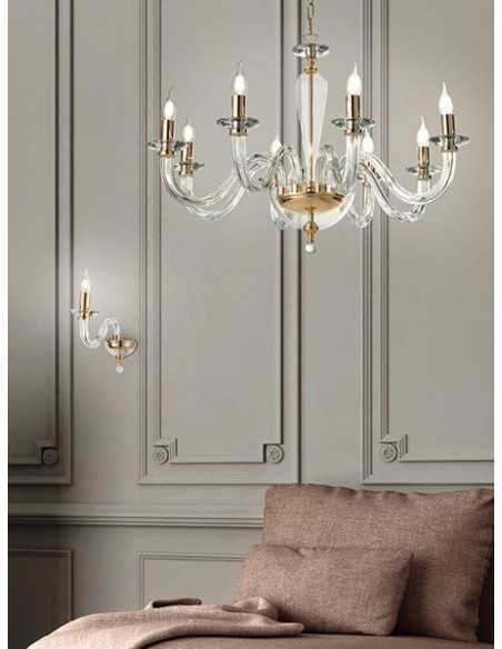 Lampadario classico Ravel 8 luci in cristallo e vetro con montatura oro, E14 | Ondaluce -ONDALUCE