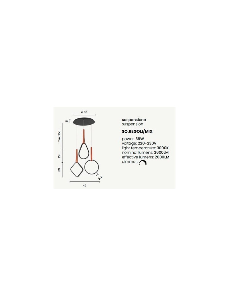 Lampada a sospensione LED Regoli 2 diffusori in metallo ed ecopelle cuoio, 40 W | Ondaluce -ONDALUCE