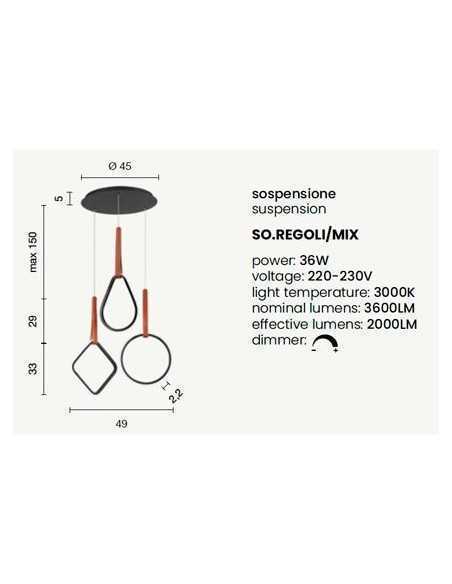 Lampada a sospensione LED Regoli 2 diffusori in metallo ed ecopelle cuoio, 40 W | Ondaluce -ONDALUCE