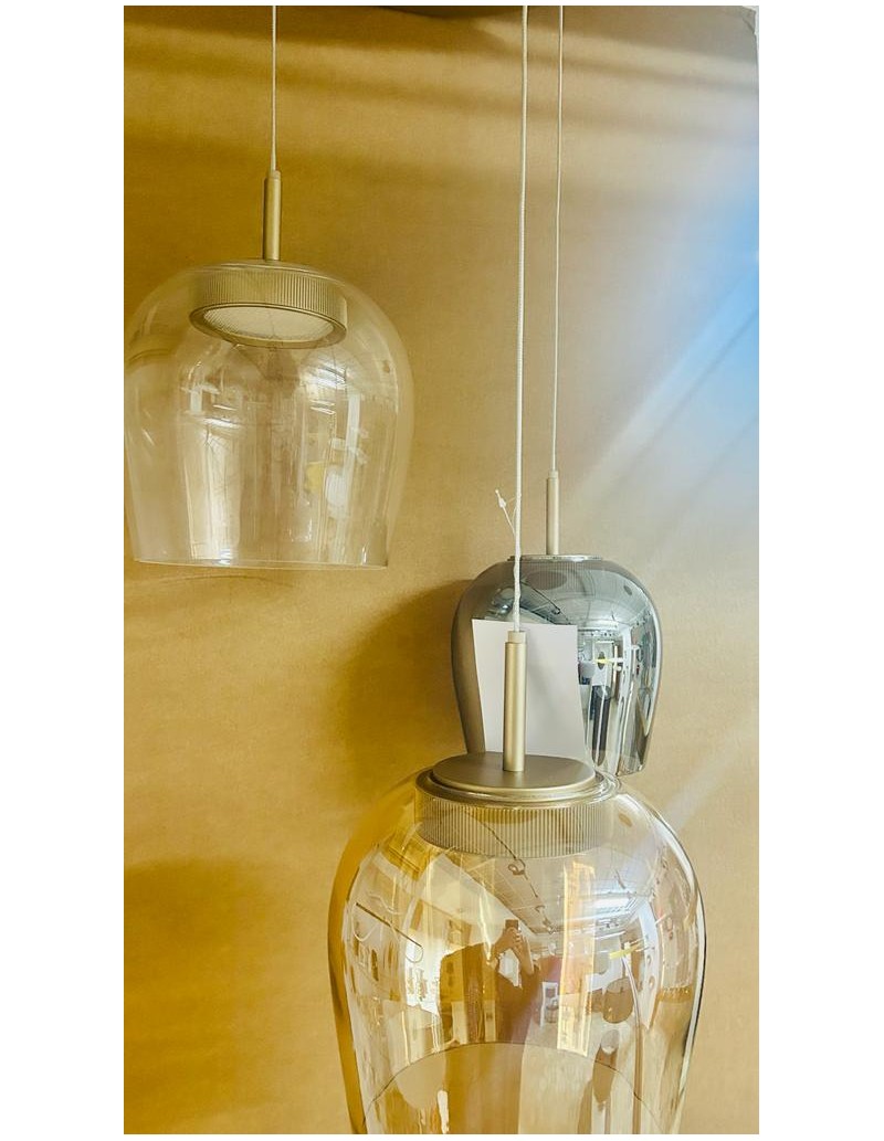Sospensione LED Nina a 3 luci oro satinato con vetri ambra, trasparente e fumé | Ondaluce -ONDALUCE
