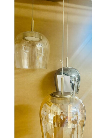 Sospensione LED Nina a 3 luci oro satinato con vetri ambra, trasparente e fumé | Ondaluce -ONDALUCE