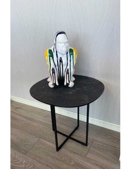 Tavolino sagomato Ginni 90x50 cm metallo nero, piano vetro effetto marmo bianco | Ondaluce -ONDALUCE